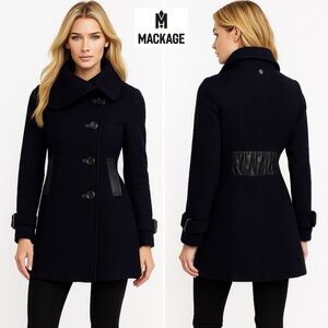 Mackage Wool Cashmere Short Coat Black With Leather Trim & Stand Up Collar S Y2K